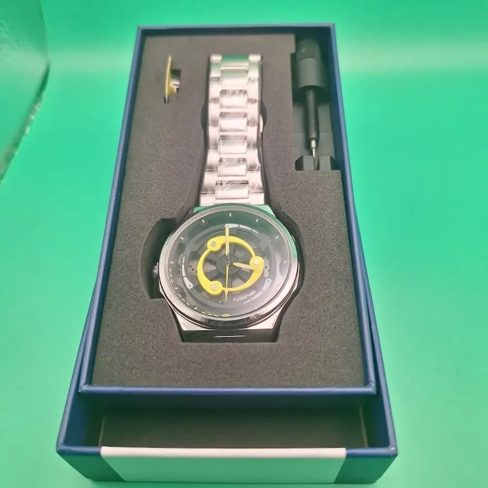 Never Stop Yellow Metal Spinner Watch Analog Quartz Wristwatch Timepiece